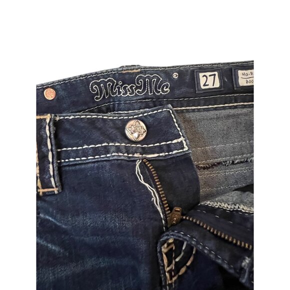 Miss Me Mid Rise Bootcut Jeans Women's Size 27 Blue Denim Dark Wash Big Stitch - Picture 7 of 9